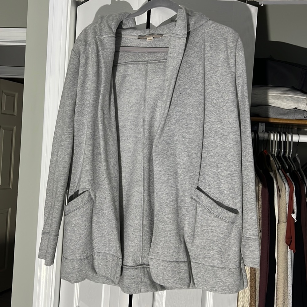 Gray sweatshirt cardigan with hood. Super comfy! Like new.
